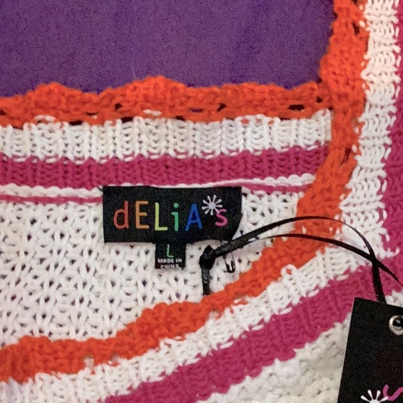 🏷️ BNWT deLiA*s x Dolls Kill Ivory Crochet Crop Top Pink & Orange Stripes~Sz M - Picture 6 of 13